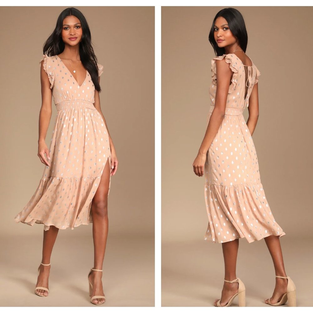 LULU'S Cause to Celebrate Mauve and Silver Ruffled Tiered Midi Dress {T12}